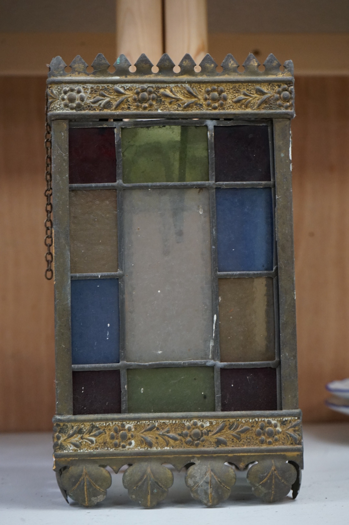 A Victorian/Edwardian stained glass hanging lantern, 28cm high. Condition - fair/good